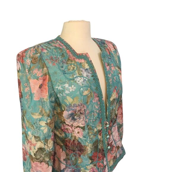Nah Nah Collection Vintage 80s‎ Teal Blue Pink Floral Blazer, Victorian  38 bust - Picture 4 of 10